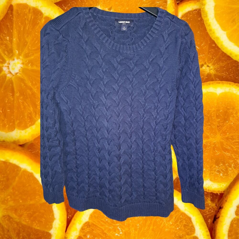 Lands End Blue Cable Knit Crew Neck Sweater Size Large